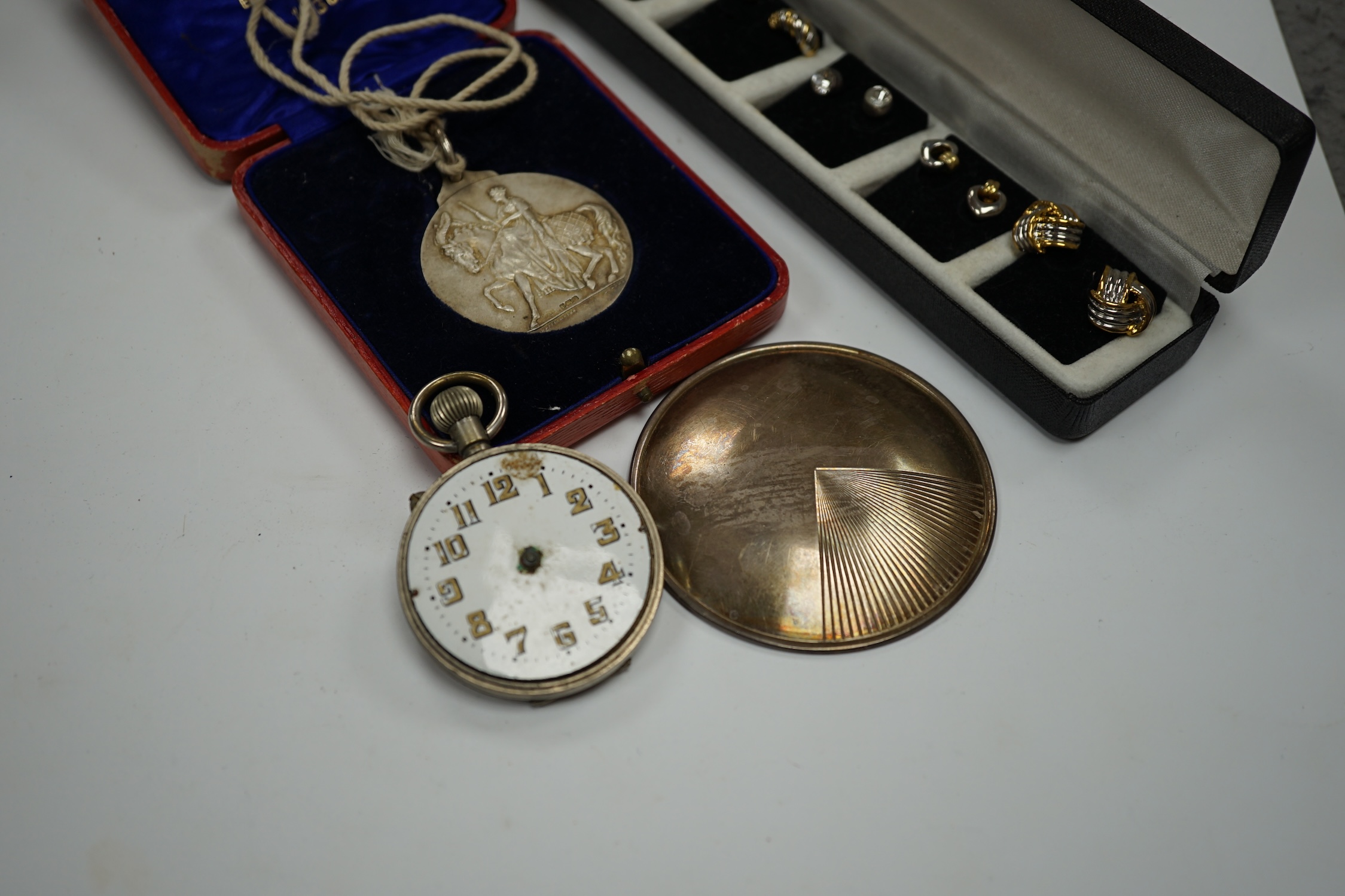 A late Victorian silver oval locket on a white metal chain and other jewellery etc., including three rings, a pocket watch and two modern silver brooches by Clive Edward Burr, largest 75mm. Condition - varies, poor to fa